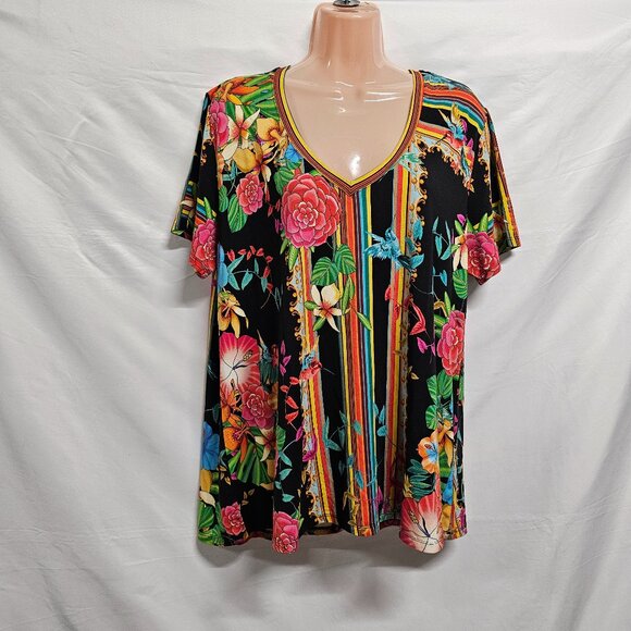 Johnny Was Floral V Neck Top Tee Women Size XL Bamboo - Picture 1 of 15